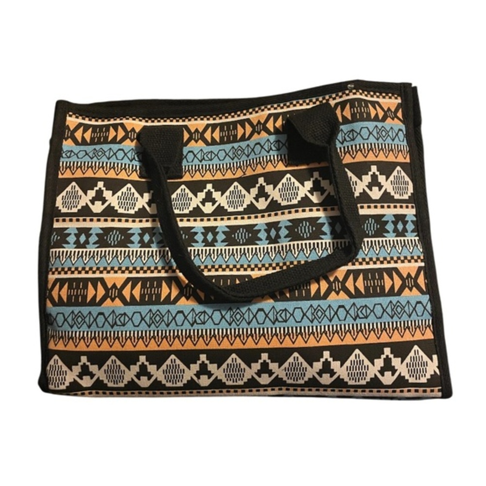 Bohemian Patterned Tribal Tote Bag in Black, Tan & Blue